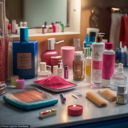 A cluttered bathroom counter with scattered toiletries, makeup, and hair accessories, surrounded by messy cords and expired beauty products, contrasted with a tidy, organized counterpart in the background.