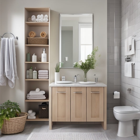 A tidy, modern bathroom with a sleek, wall-mounted cabinet, a pedestal sink, and a floor-to-ceiling storage unit, filled with neatly arranged toiletries, towels, and cleaning supplies.