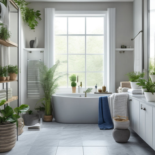 A serene bathroom with a freestanding tub, surrounded by floor-to-ceiling glass shelves holding rolled towels, potted plants, and decorative vases, against a calming backdrop of soft gray and white marble.