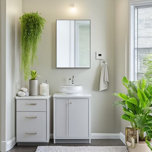 A minimalist bathroom with a tall, white cabinet (34 inches wide, 60 inches tall) against a light gray wall, with a sink and mirror in front, and a few decorative towels and plants nearby.