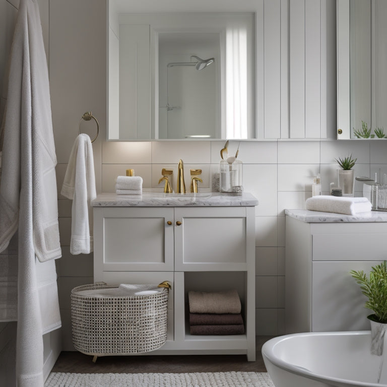 A serene, well-lit bathroom with a sleek vanity, marble countertops, and a minimalist aesthetic, featuring a few strategically placed storage baskets, a wall-mounted shelf, and a towel rack.