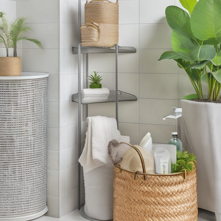 A tidy shower area with a mix of woven and metallic storage baskets in various shapes and sizes, holding toiletries, towels, and decorative plants, amidst a calming white and gray marble background.