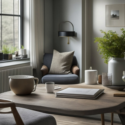 A serene, tidy living room with a few carefully placed decorative items, a hint of natural light, and a laptop on a clutter-free desk with a partially visible printable cheat sheet.