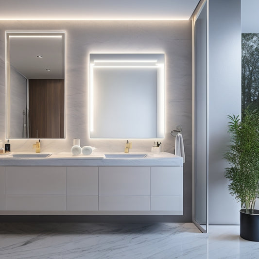 A sleek, modern bathroom with a large, frameless mirror featuring a built-in LED light strip, steam-free coating, and a subtle, backlit countdown timer display, set against a calming, grey-marble backdrop.