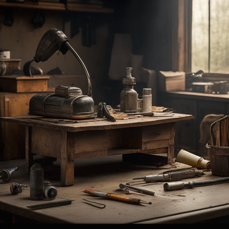 A worn, vintage ESKA outboard motor sits on a dusty, wooden workbench, surrounded by scattered tools and torn, yellowed papers, with a single, lonely screwdriver lying next to it.