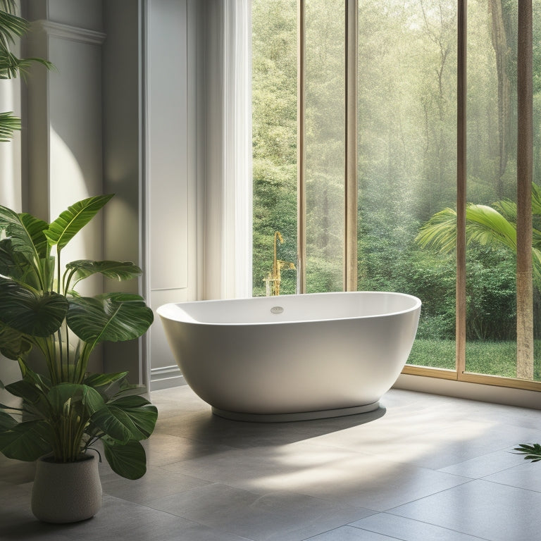 A serene bathroom scene featuring a sleek, curved freestanding tub centered amidst a spacious, marble-tiled floor, surrounded by lush greenery and subtle, warm lighting.