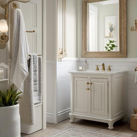 A serene bathroom scene featuring a white and wood cabinet with ornate hardware, soft lighting, and a few strategically placed toiletries and towels, surrounded by calming neutral tones and natural textures.
