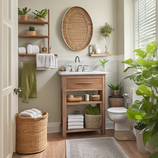 A clutter-free bathroom with a freestanding shelving unit, woven baskets, and a pedestal sink with built-in storage, surrounded by calming greenery and soft, warm lighting.