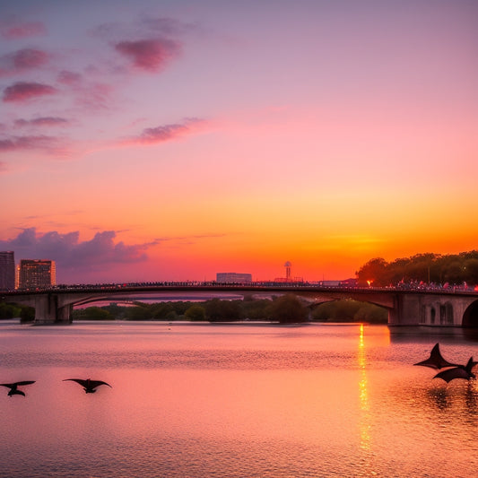 A warm summer evening sky over Lady Bird Lake, with thousands of Mexican free-tailed bats emerging from under the Congress Avenue Bridge, their dark silhouettes against a vibrant orange-pink sunset.