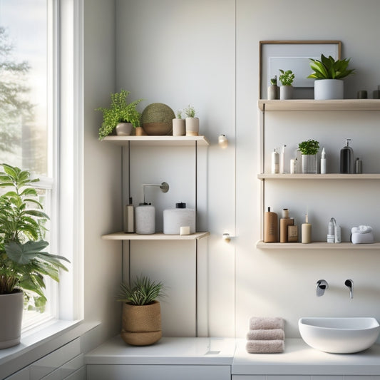A modern bathroom featuring sleek, minimalist floating shelves adorned with neatly organized toiletries, small potted plants, and decorative items, all against a soft, neutral-colored wall, with natural light streaming in through a frosted window.