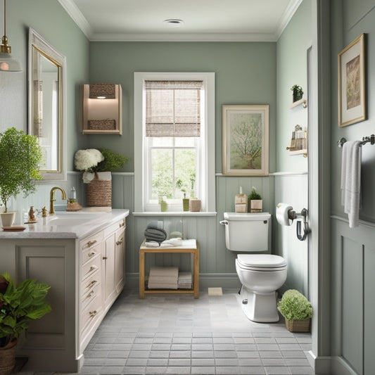 A serene, well-lit bathroom with a wheelchair-accessible sink, a wall-mounted fold-down seat, and a mix of open shelves and closed cabinets in a calming color scheme.