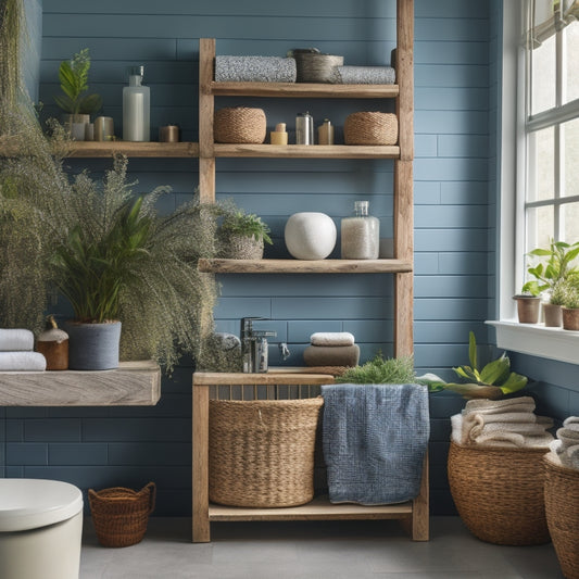 A beautifully styled bathroom with a reclaimed wood shelf adorned with potted greenery, apothecary jars, and woven baskets, against a soft blue-gray wall with natural light pouring in.