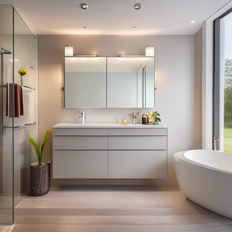 A sleek, modern bathroom with a wall-mounted, LED-lit vanity cabinet, paired with a freestanding tub, and a floor-to-ceiling storage unit with glass shelves and polished chrome hardware.