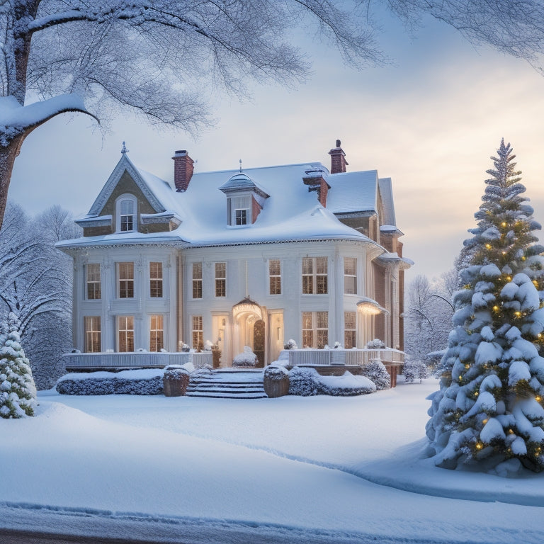 A serene, snow-covered winter wonderland scene with a majestic, century-old mansion in the background, its facade transformed with modern, sleek architectural elements, surrounded by festive decorations and twinkling lights.