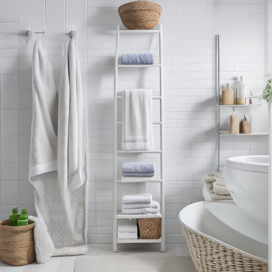 A minimalist bathroom with a wall-mounted, ladder-style shelf in a polished chrome finish, holding three woven baskets and a few rolled towels, against a soft, white background.