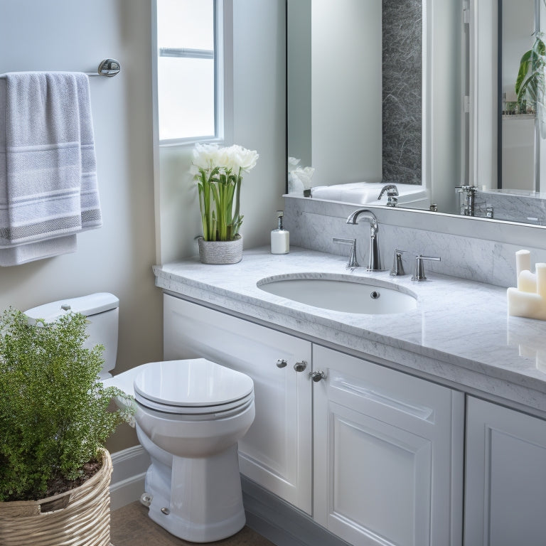 A spotless bathroom with a gleaming white sink, faucet, and toilet, surrounded by a sparkling clean mirror, shiny chrome fixtures, and a gleaming marble countertop, with a few strategically placed cleaning supplies.