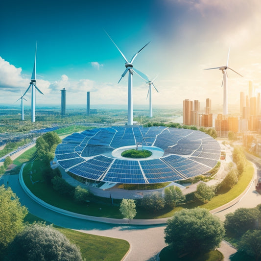 An illustration of a futuristic cityscape with lush greenery, wind turbines, and solar panels, set against a backdrop of a radiant blue sky with fluffy white clouds, surrounded by a circular motif of interconnected gears.