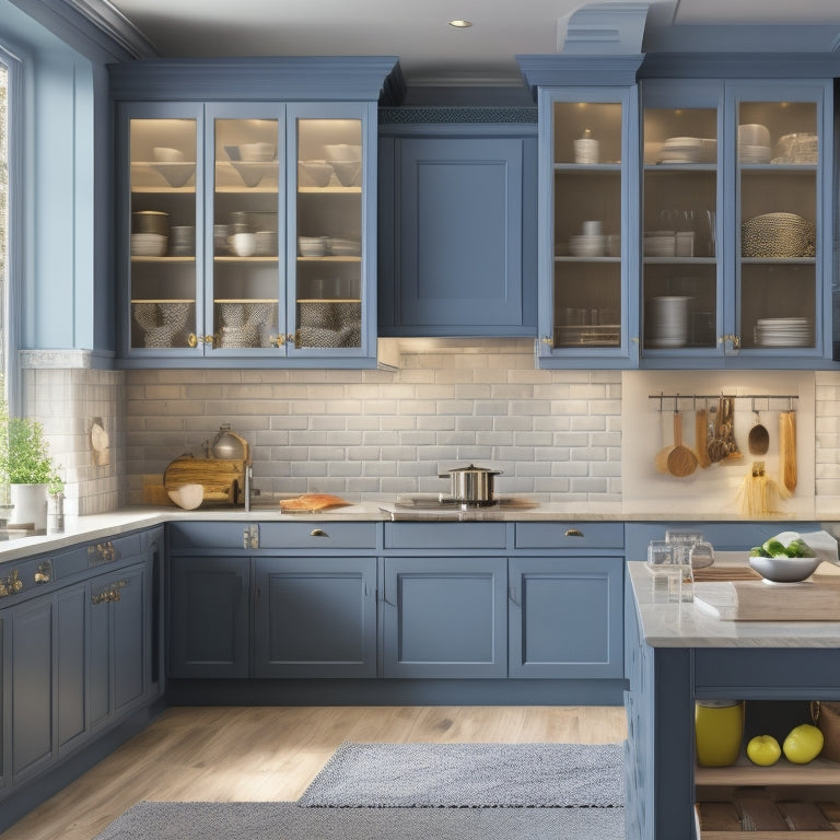 A modern kitchen with three wall cabinets in different styles, showcasing adjustable shelves, soft-close doors, crown molding, and varied depths, with utensils and cookware neatly organized inside.