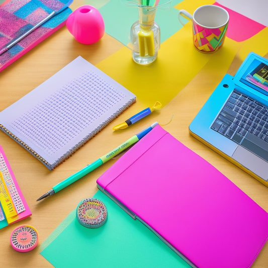 A clutter-free desk with a open, colorful paper planner at its center, surrounded by neatly arranged pens, highlighters, and sticky notes, with a subtle background of a minimalist workspace.