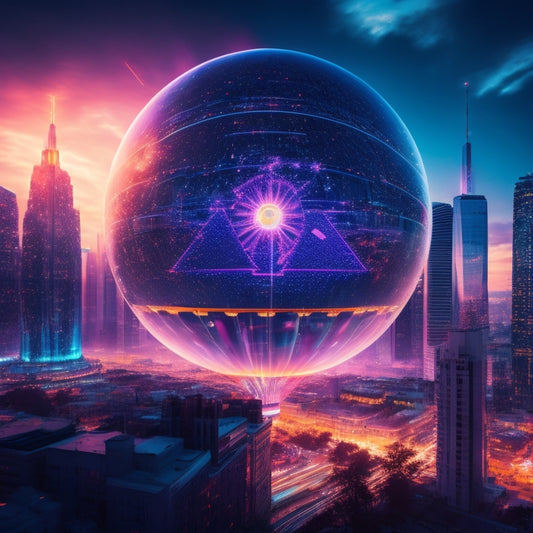 A futuristic cityscape at dusk with sleek skyscrapers, neon lights, and holographic projections, featuring a large, glowing lightbulb at the center, surrounded by orbiting gears and sparks.