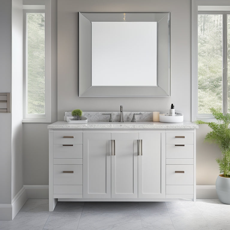 A serene, white, rectangular vanity with clean lines, wall-mounted, and topped with a sleek, grey quartz countertop, featuring a single, rounded, wall-mounted sink and a floor-to-ceiling, mirrored cabinet.