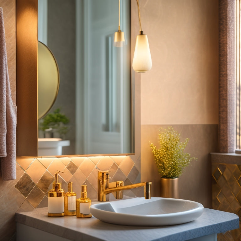 A serene bathroom scene featuring a combination of natural stone, glass, and metallic wall accents in a mix of geometric and organic shapes, illuminated by soft, warm lighting.