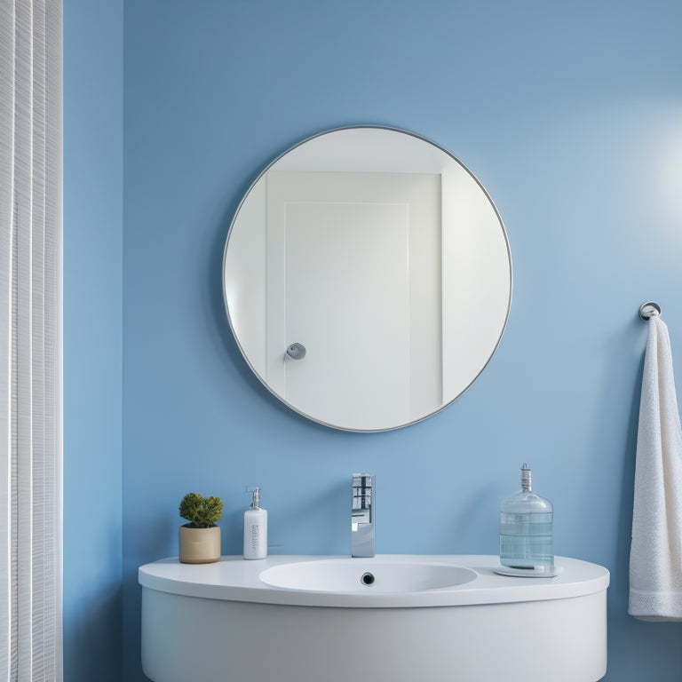 A minimalist bathroom with a wall-mounted, oval-shaped sink in a soft gray tone, surrounded by sleek, white fixtures and a small, circular mirror, set against a calming, light-blue background.