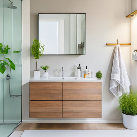 A sleek, modern bathroom with white walls, grey floors, and a large mirror above a minimalist sink, featuring three stylish wall shelves in chrome, wood, and glass, holding towels, plants, and decor.