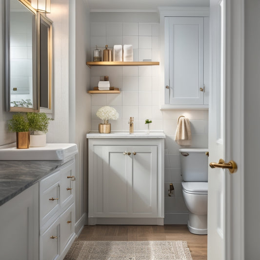 A serene, well-lit small bathroom with a wall-mounted cabinet, a pedestal sink, and a compact shower area, showcasing clever storage solutions and a sense of calm organization.