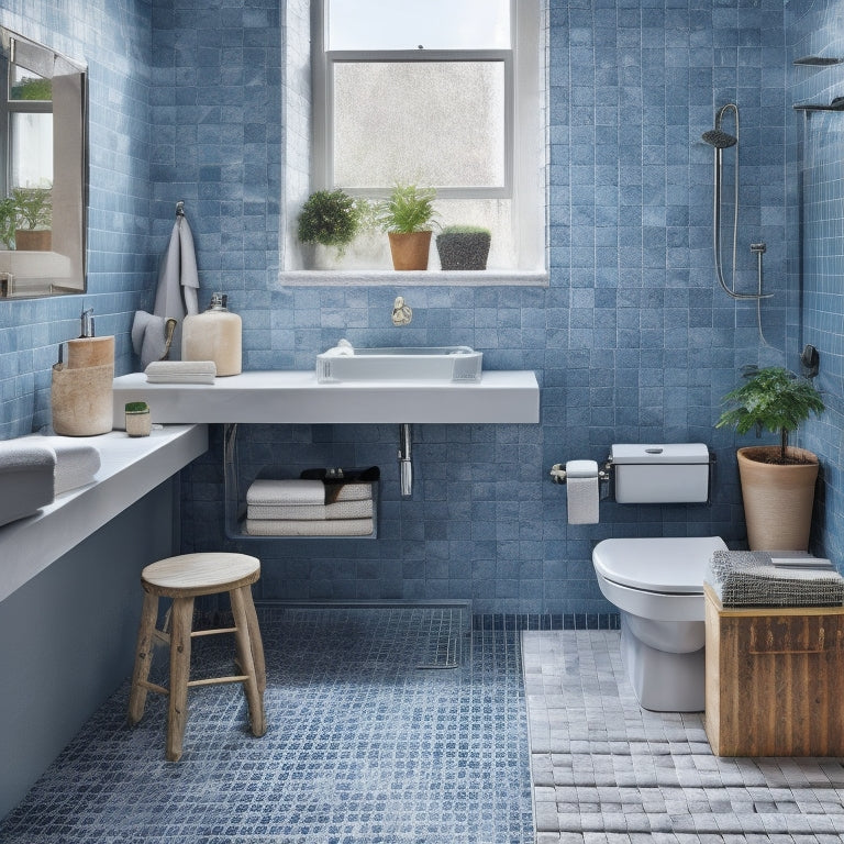 A serene bathroom renovation scene: a half-tiled wall, a sink with a measuring tape wrapped around it, a toolbox, and a laptop open to a budget spreadsheet, surrounded by scattered tiles and design magazines.