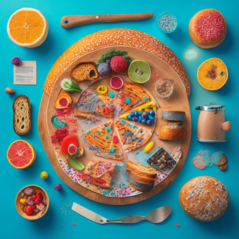 A vibrant illustration featuring a whimsical kitchen scene with a large, circular mind map centered around a toaster, surrounded by colorful bread slices, utensils, and thought bubbles filled with fun, swirling patterns.