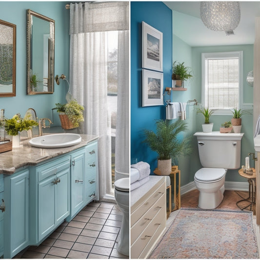 A before-and-after split-screen image: a cramped, cluttered tiny bathroom with outdated fixtures and dull colors on the left, transformed into a bright, sleek, and organized oasis with a large walk-in shower on the right.