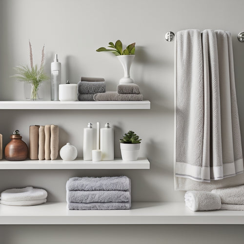 A serene bathroom scene with 3-5 white wall shelves of varying styles (floating, recessed, and decorative) holding towels, toiletries, and decorative items, against a soft gray or beige backdrop.