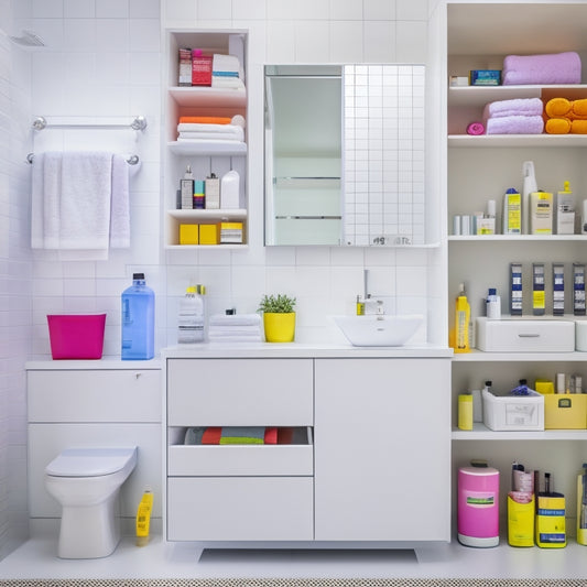 A bright, modern bathroom with sleek white cabinets, featuring colorful, adhesive labels with icons and shapes, neatly categorizing toiletries, towels, and beauty products on shelves and in drawers.