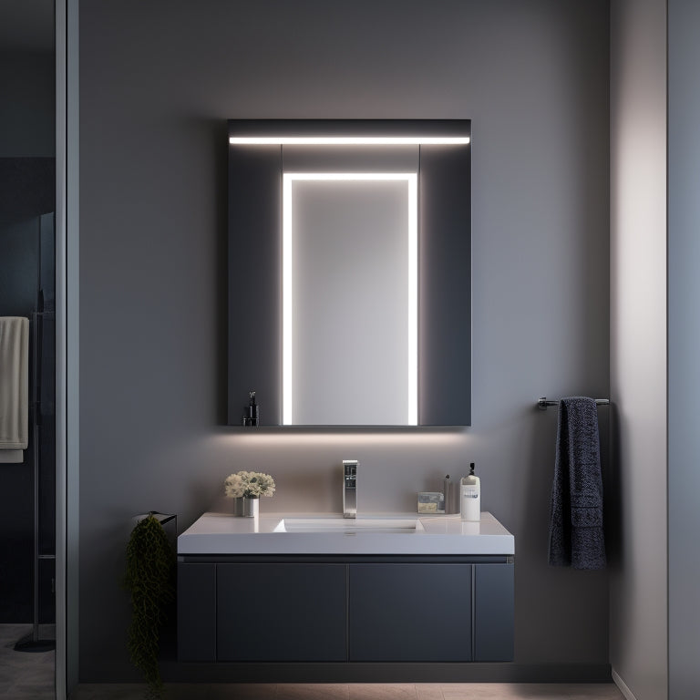 A modern bathroom with a wall-mounted medicine cabinet featuring a large, rectangular mirror surrounded by LED strip lights, reflecting a minimalist sink and faucet against a calming gray wall.