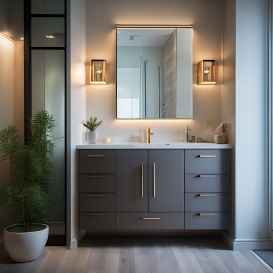 A sleek, modern bathroom featuring a stylish mirrored cabinet with integrated power outlets. The cabinet reflects soft, ambient lighting, surrounded by elegant decor, showcasing the seamless blend of functionality and contemporary design.