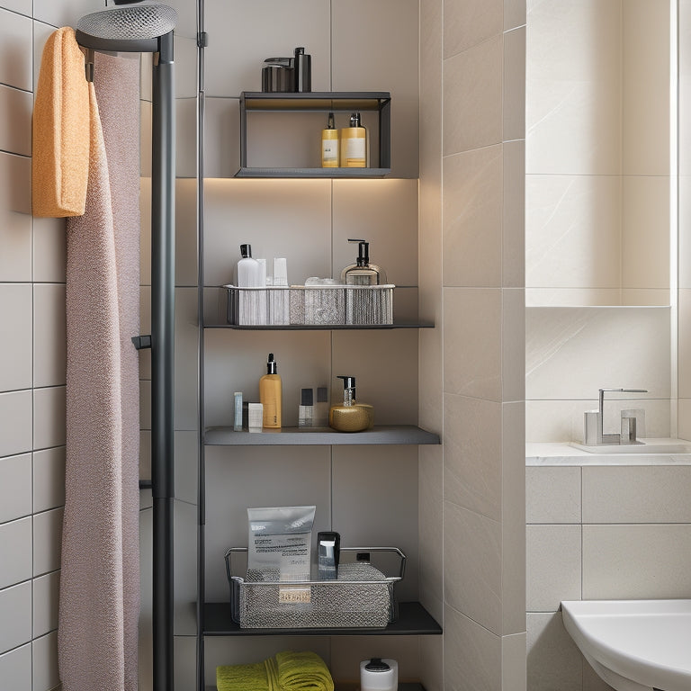 A sleek, modern bathroom featuring a minimalist metal shower caddy, elegantly mounted against a tiled wall. The caddy showcases neatly organized toiletries, with soft, ambient lighting highlighting its space-saving design and contemporary aesthetic.