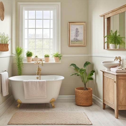 A serene bathroom with creamy white walls, featuring a wooden decorative open shelf above a freestanding tub, holding a few rolled towels, a small potted plant, and a few decorative vases in soft pastel hues.