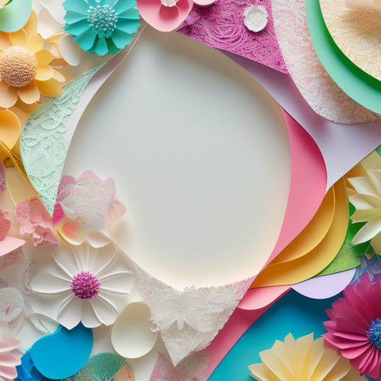 Vibrant, layered collage of rainbow-hued paper scraps, photography snippets, and intricate paper cutouts, arranged in a whimsical, swirling pattern, set against a crisp white background.
