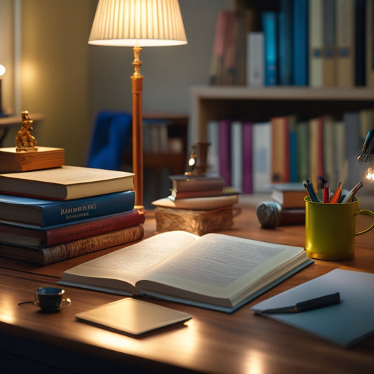 A serene, organized study space with a desk lamp shining on a stack of textbooks, notes, and a laptop, surrounded by calm, focused students in the background.