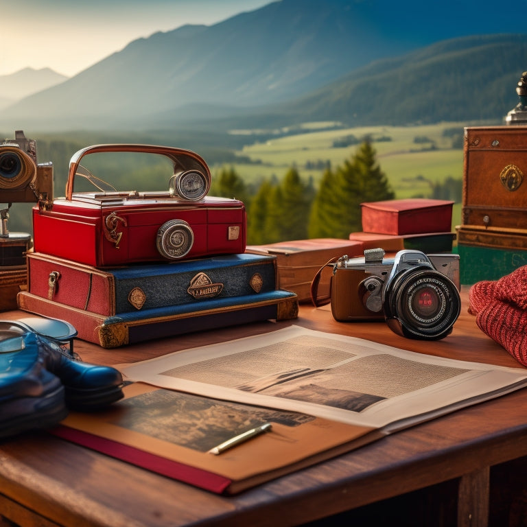 A vintage wooden desk scattered with dusty, leather-bound Alfa Romeo manuals, worn gloves, and a classic camera, surrounded by faded racing stripes and nostalgic Italian scenery in the background.