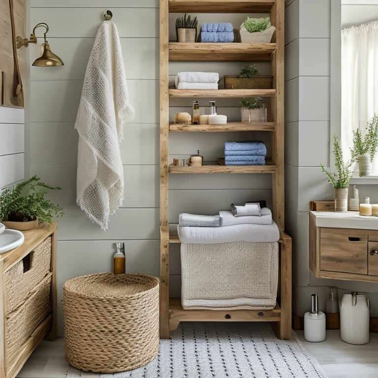 A serene, well-lit bathroom with a mix of repurposed and budget-friendly storage solutions, featuring a wooden crate shelving unit, woven baskets, and a DIY pegboard with hanging towels and toiletries.