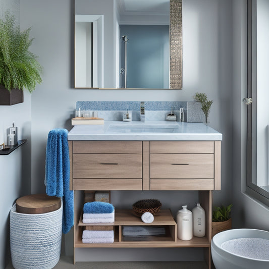 A modern bathroom countertop with a clutter-free surface, featuring a recessed tray for small items, a wall-mounted cabinet with a mirrored door, and a decorative storage basket in the corner.
