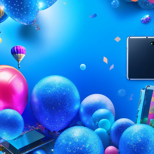 A vibrant, abstract background with colorful speech bubbles, confetti, and balloons, surrounded by stylized icons of smartphones, laptops, and tablets, all interconnected with glowing blue lines.