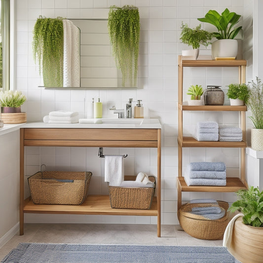 A stylish guest bathroom featuring modular storage solutions: sleek wooden shelves, colorful baskets, and neatly organized toiletries. Soft lighting illuminates the space, with fresh towels and decorative plants enhancing the inviting atmosphere.