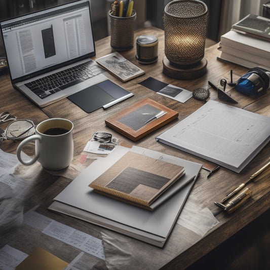 A cluttered desk with scattered papers, pens, and a laptop, transformed into a organized workspace with a clean surface, a single notebook, and a pen, surrounded by a subtle background of checkmarks and faint lines.