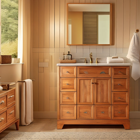 A serene bathroom scene featuring a wall-mounted wooden drawer unit with six drawers of varying sizes, soft warm lighting, and a blurred background with a subtle wood grain texture.
