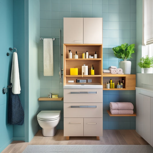 A sleek, modern rotating bathroom storage unit in a small, stylish bathroom, featuring organized shelves with colorful toiletries, soft lighting, and minimalist decor, all set against a backdrop of neutral tiles and a compact sink.