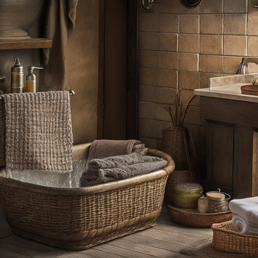 A rustic, country-style bathroom with a distressed wood vanity, galvanized metal tub, and woven baskets storing towels and toiletries, surrounded by natural stone walls and vintage metal lanterns.