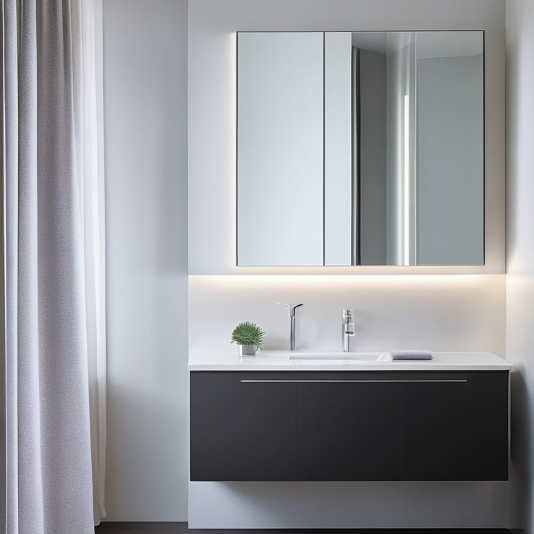 A sleek, modern bathroom with a wall-mounted cabinet featuring clean lines, minimalist hardware, and a recessed LED light strip above, paired with a curved, vessel-style sink and a polished chrome faucet.